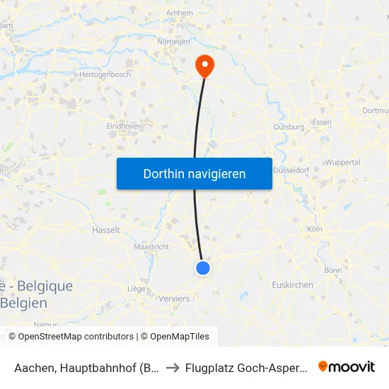 Aachen, Hauptbahnhof (Bus) to Flugplatz Goch-Asperden map