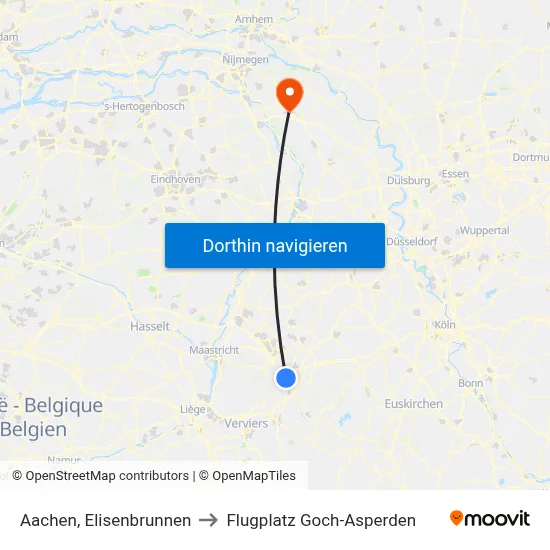 Aachen, Elisenbrunnen to Flugplatz Goch-Asperden map