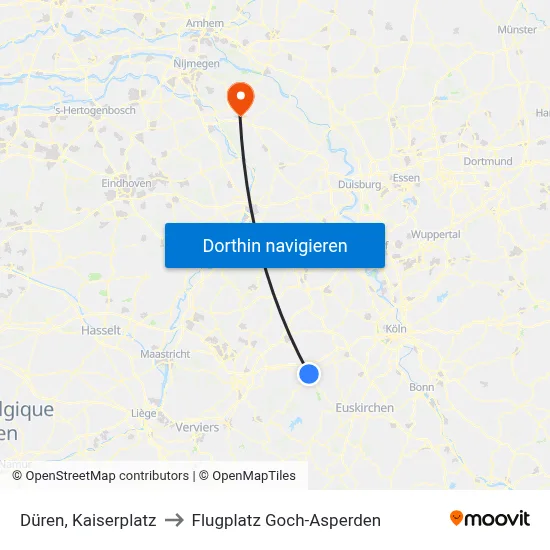 Düren, Kaiserplatz to Flugplatz Goch-Asperden map