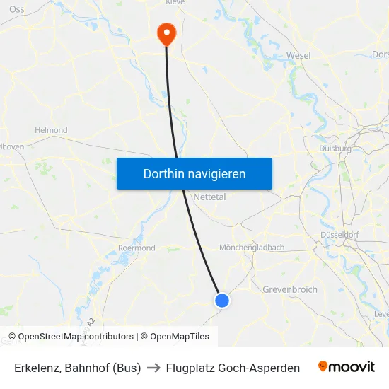 Erkelenz, Bahnhof (Bus) to Flugplatz Goch-Asperden map