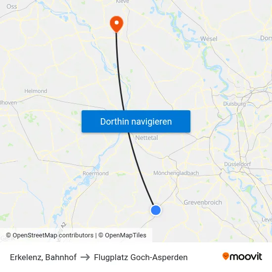 Erkelenz, Bahnhof to Flugplatz Goch-Asperden map