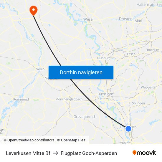 Leverkusen Mitte Bf to Flugplatz Goch-Asperden map