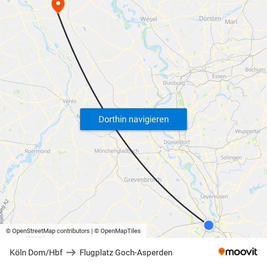 Köln Dom/Hbf to Flugplatz Goch-Asperden map