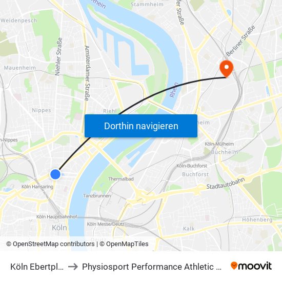 Köln Ebertplatz to Physiosport Performance Athletic Center map