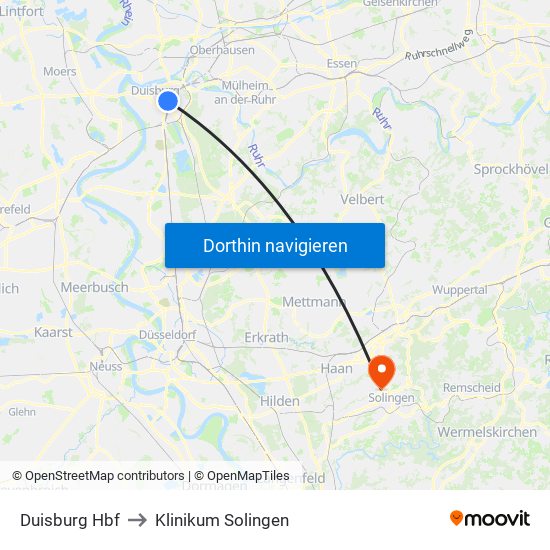 Duisburg Hbf to Klinikum Solingen map