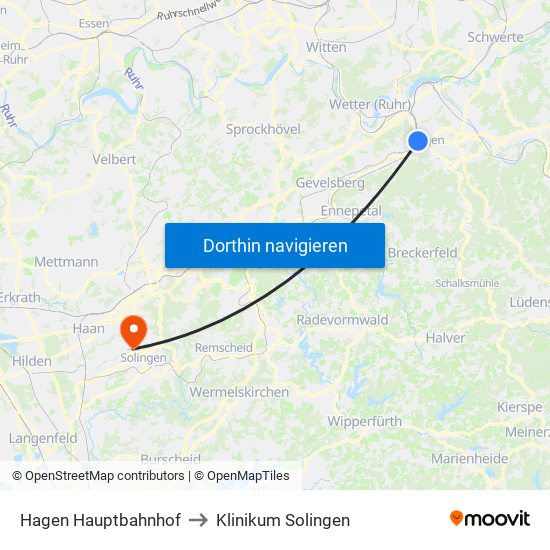 Hagen Hauptbahnhof to Klinikum Solingen map