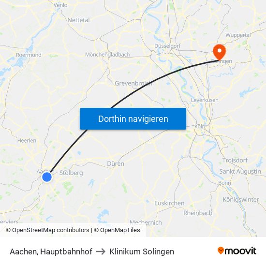 Aachen, Hauptbahnhof to Klinikum Solingen map