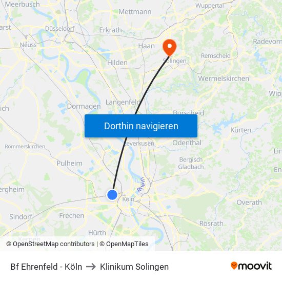 Bf Ehrenfeld - Köln to Klinikum Solingen map