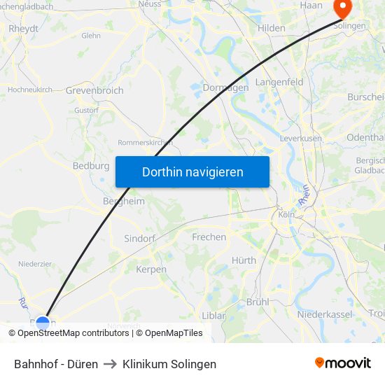 Bahnhof - Düren to Klinikum Solingen map