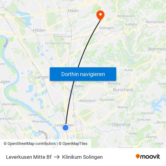 Leverkusen Mitte Bf to Klinikum Solingen map
