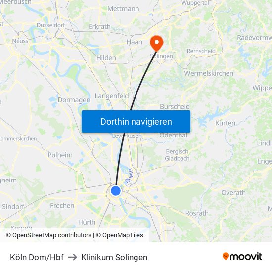 Köln Dom/Hbf to Klinikum Solingen map