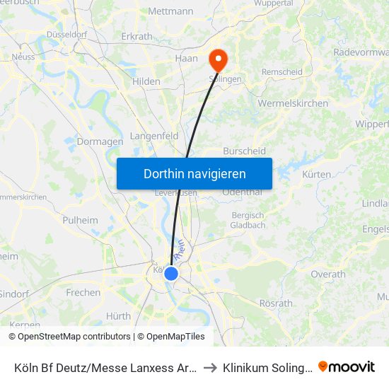 Köln Bf Deutz/Messe Lanxess Arena to Klinikum Solingen map
