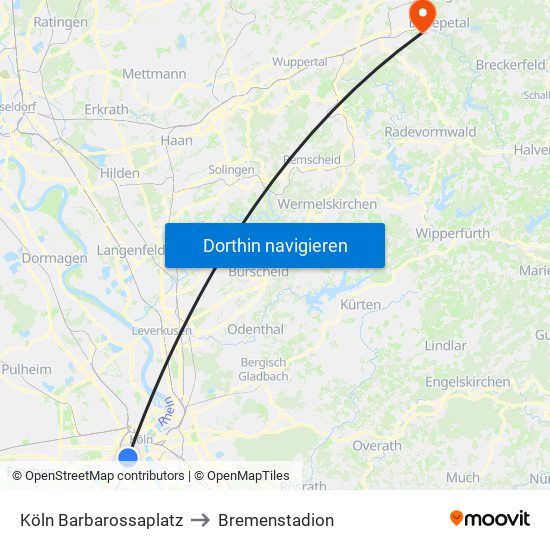 Köln Barbarossaplatz to Bremenstadion map