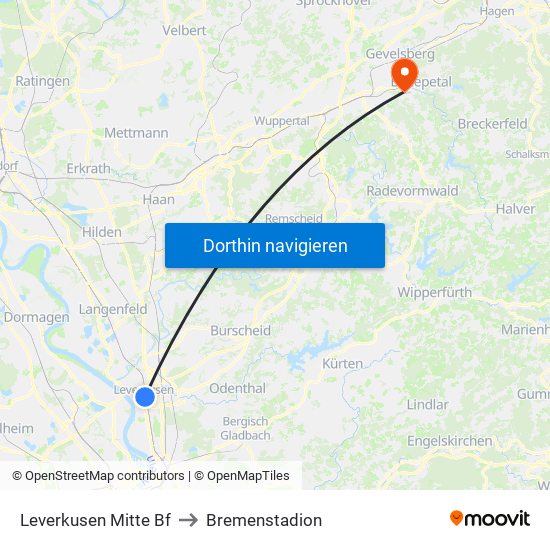 Leverkusen Mitte Bf to Bremenstadion map