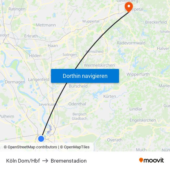 Köln Dom/Hbf to Bremenstadion map