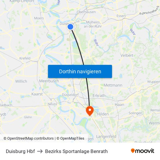 Duisburg Hbf to Bezirks Sportanlage Benrath map