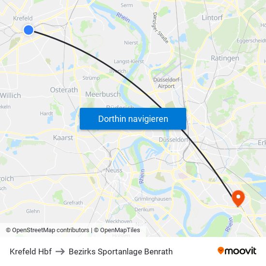 Krefeld Hbf to Bezirks Sportanlage Benrath map