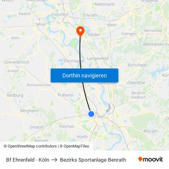 Bf Ehrenfeld - Köln to Bezirks Sportanlage Benrath map