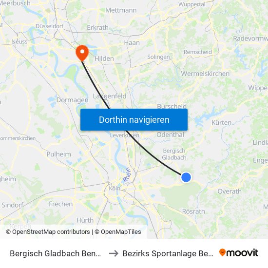 Bergisch Gladbach Bensberg to Bezirks Sportanlage Benrath map