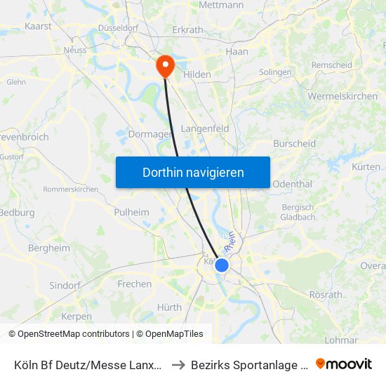 Köln Bf Deutz/Messe Lanxess Arena to Bezirks Sportanlage Benrath map