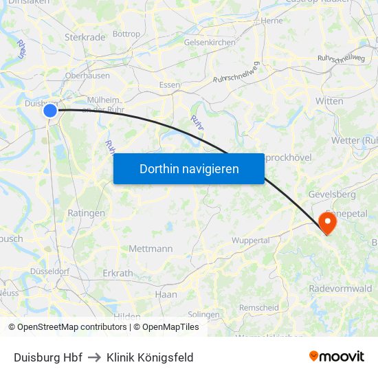 Duisburg Hbf to Klinik Königsfeld map