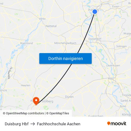 Duisburg Hbf to Fachhochschule Aachen map