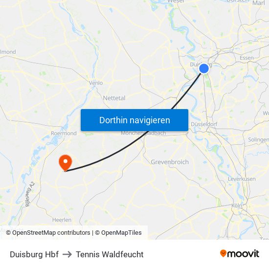 Duisburg Hbf to Tennis Waldfeucht map