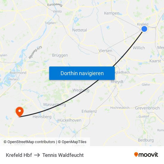 Krefeld Hbf to Tennis Waldfeucht map