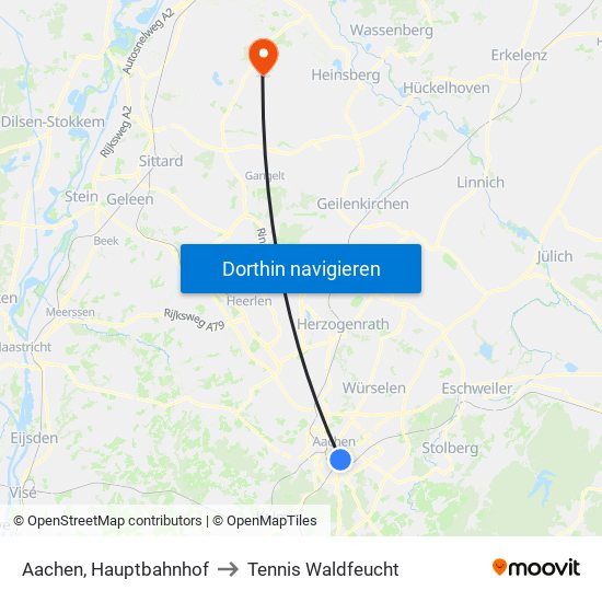 Aachen, Hauptbahnhof to Tennis Waldfeucht map