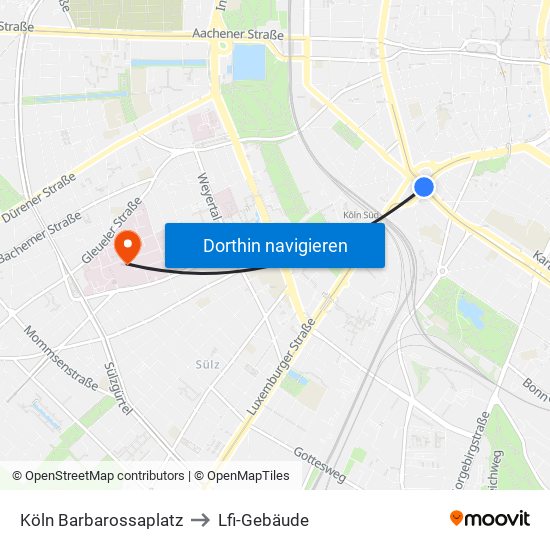 Köln Barbarossaplatz to Lfi-Gebäude map