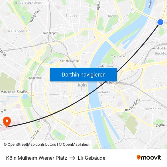 Köln Mülheim Wiener Platz to Lfi-Gebäude map