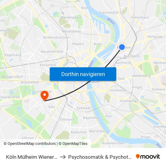 Köln Mülheim Wiener Platz to Psychosomatik & Psychotherapie map