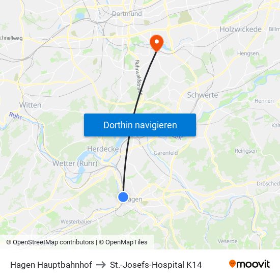 Hagen Hauptbahnhof to St.-Josefs-Hospital K14 map