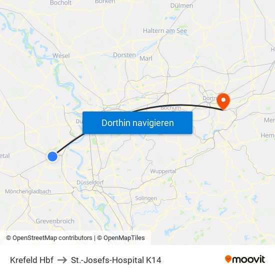 Krefeld Hbf to St.-Josefs-Hospital K14 map