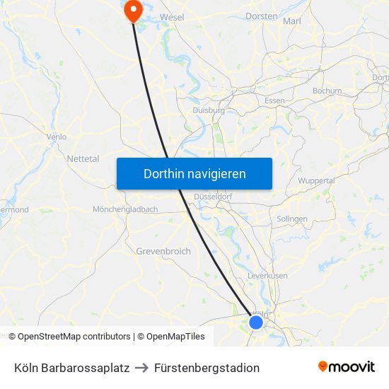 Köln Barbarossaplatz to Fürstenbergstadion map