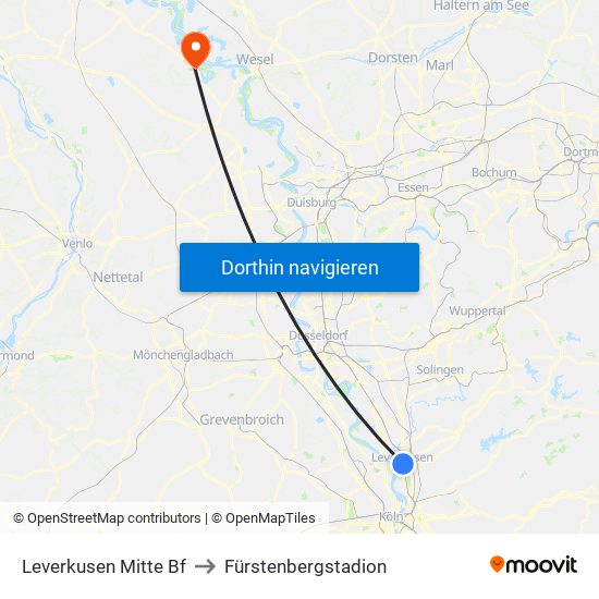 Leverkusen Mitte Bf to Fürstenbergstadion map