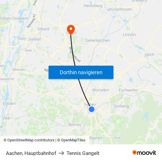 Aachen, Hauptbahnhof to Tennis Gangelt map