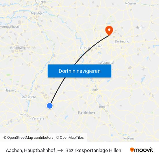 Aachen, Hauptbahnhof to Bezirkssportanlage Hillen map
