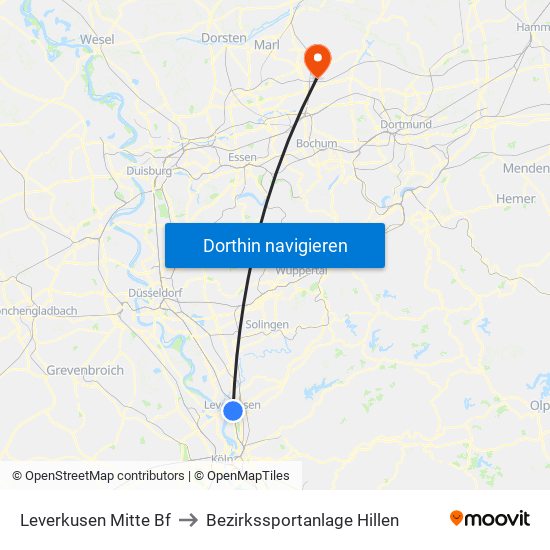 Leverkusen Mitte Bf to Bezirkssportanlage Hillen map