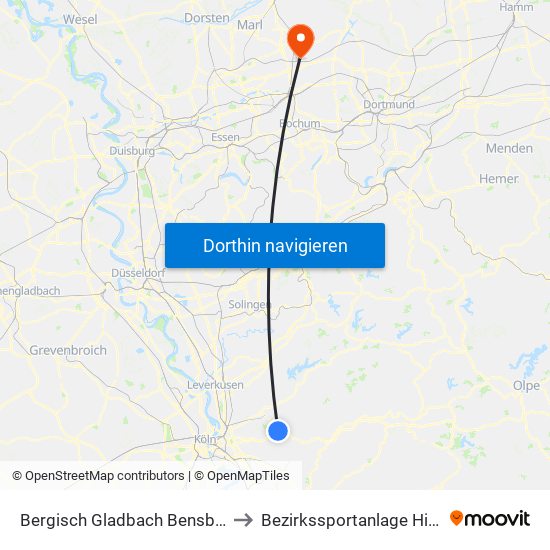 Bergisch Gladbach Bensberg to Bezirkssportanlage Hillen map