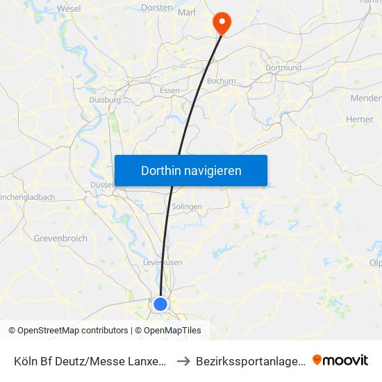Köln Bf Deutz/Messe Lanxess Arena to Bezirkssportanlage Hillen map