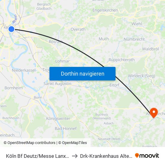 Köln Bf Deutz/Messe Lanxess Arena to Drk-Krankenhaus Altenkirchen map