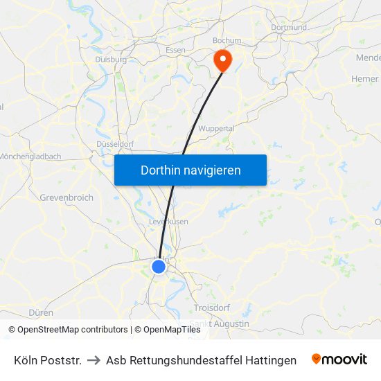 Köln Poststr. to Asb Rettungshundestaffel Hattingen map