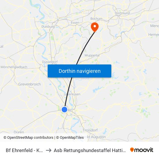 Bf Ehrenfeld - Köln to Asb Rettungshundestaffel Hattingen map