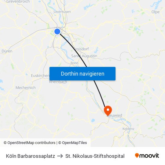 Köln Barbarossaplatz to St. Nikolaus-Stiftshospital map