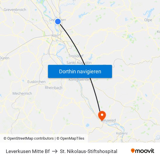 Leverkusen Mitte Bf to St. Nikolaus-Stiftshospital map