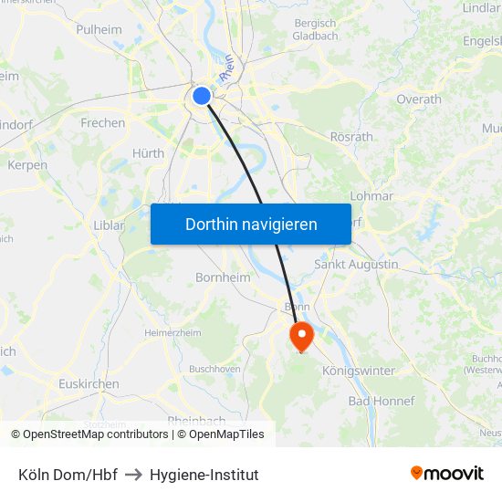 Köln Dom/Hbf to Hygiene-Institut map