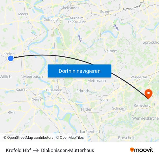 Krefeld Hbf to Diakonissen-Mutterhaus map