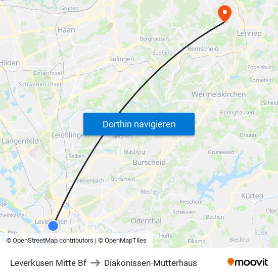 Leverkusen Mitte Bf to Diakonissen-Mutterhaus map