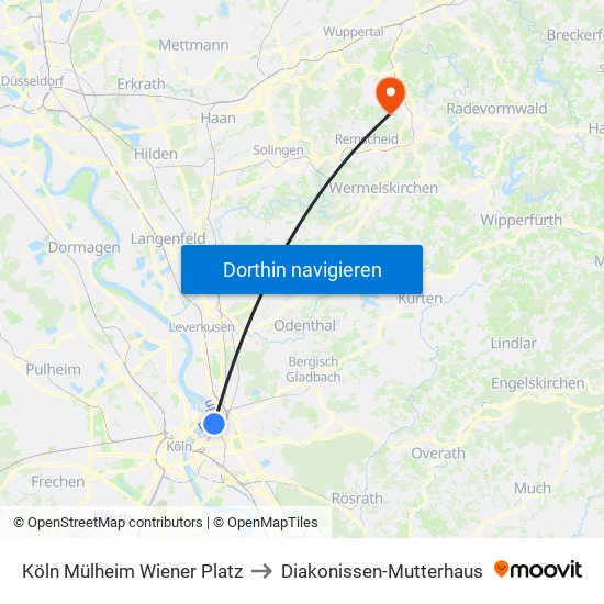 Köln Mülheim Wiener Platz to Diakonissen-Mutterhaus map